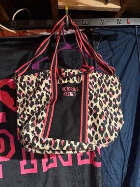 Victoria's Secret Leopard Print Canvas Weekender Tote Bag with Pink Accents